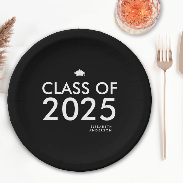 Modern Black White Personalised Graduation Party Paper Plate (Creator Uploaded)