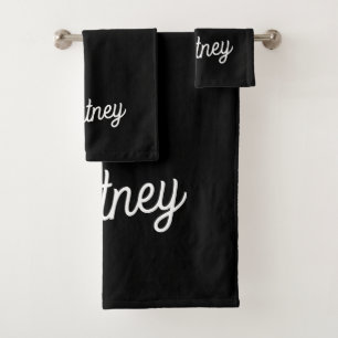 Modern Black White Personalised Monogram and Name  Bath Towel Set
