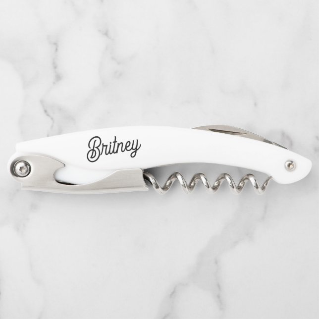 Modern Black White Personalised Monogram and Name  Corkscrew (Front)