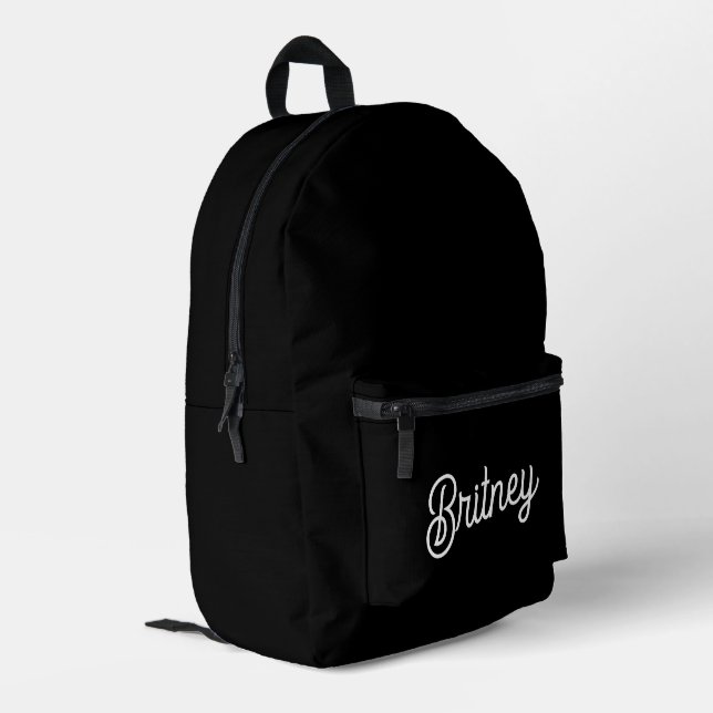 Modern Black White Personalised Monogram and Name  Printed Backpack (Back Corner Left)