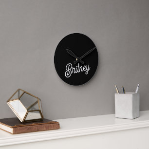 Modern Black White Personalised Monogram and Name  Round Clock