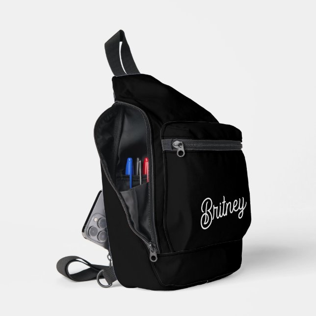 Modern Black White Personalised Monogram and Name  Sling Bag (Open)