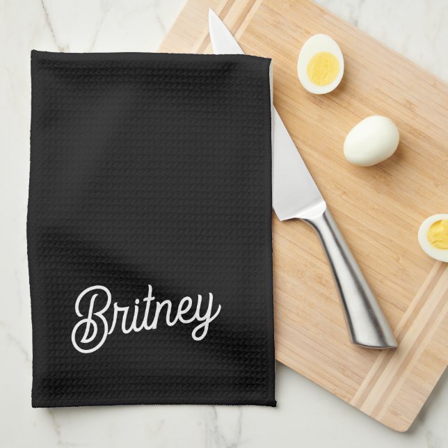 Modern Black White Personalised Monogram and Name  Tea Towel (Quarter Fold)