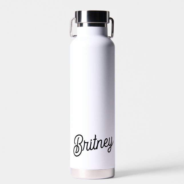Modern Black White Personalised Monogram and Name  Water Bottle (Front)