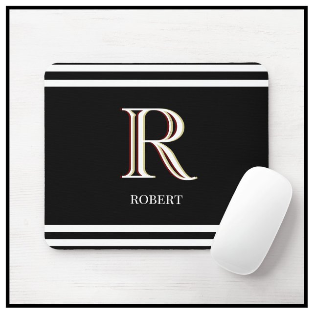 Modern Black White Personalised Monogram Name  Mouse Mat (Creator Uploaded)