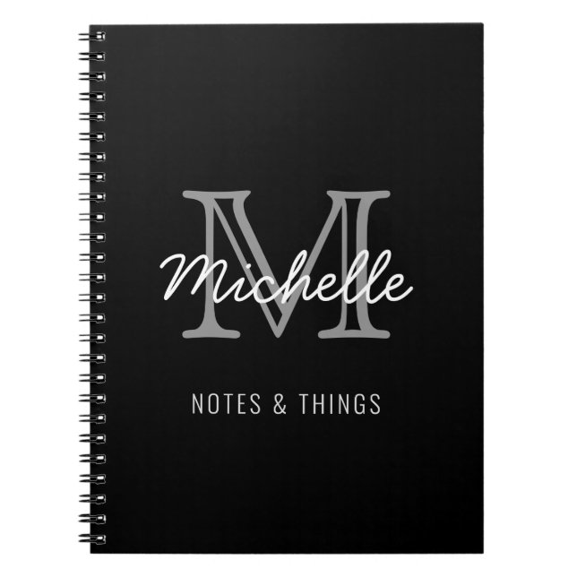 Modern Black White Personalised Name Monogrammed Notebook (Front)