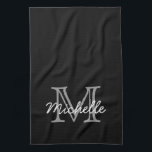 Modern Black White Personalised Name Monogrammed Tea Towel<br><div class="desc">Modern, minimalist black and white custom personalised name and monogrammed kitchen towel. It features a monogram initial in serif style font and a pretty handwritten first name text template in grey, white colour on black background. Great feminine, girly personalised gift. If you need help or matching items, please contact to...</div>