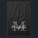 Modern Black White Personalised Name Monogrammed Tea Towel<br><div class="desc">Modern, minimalist black and white custom personalised name and monogrammed kitchen towel. It features a monogram initial in serif style font and a pretty handwritten first name text template in grey, white colour on black background. Great feminine, girly personalised gift. If you need help or matching items, please contact to...</div>