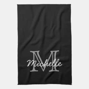 Modern Black White Personalised Name Monogrammed Tea Towel