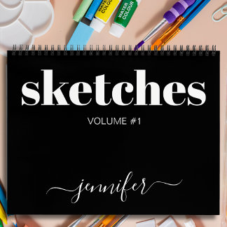 Modern Black White Personalised Sketchbook Name Notebook