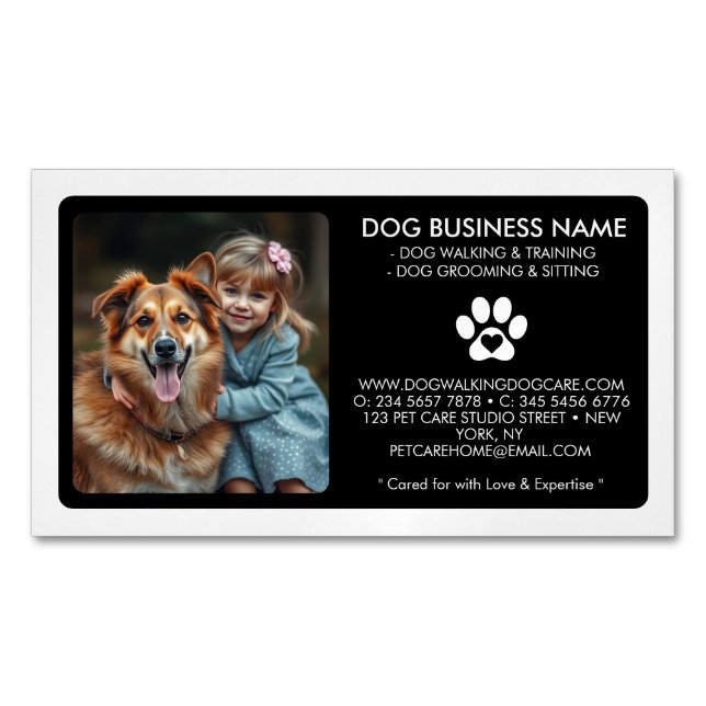 Modern Black White Pet Sitting custom Photo Magnetic Business Card (Front)