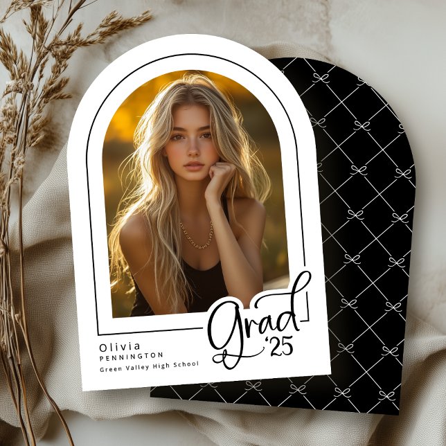Modern Black White Photo 2025 Grad Announcement (Front + Back | 5" x 7" invitation with Arch Corner Style)