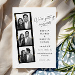 Modern Black & White Photo-booth Filmstrip Wedding Save The Date<br><div class="desc">This modern yet elegant save the date card features a filmstrip photo frame with 3 photos and a script greeting that says "We're getting married!" on the front. The look is modern and fun, yet still elegant. All background, script, and text colors are customizable. *If your photo is color and...</div>