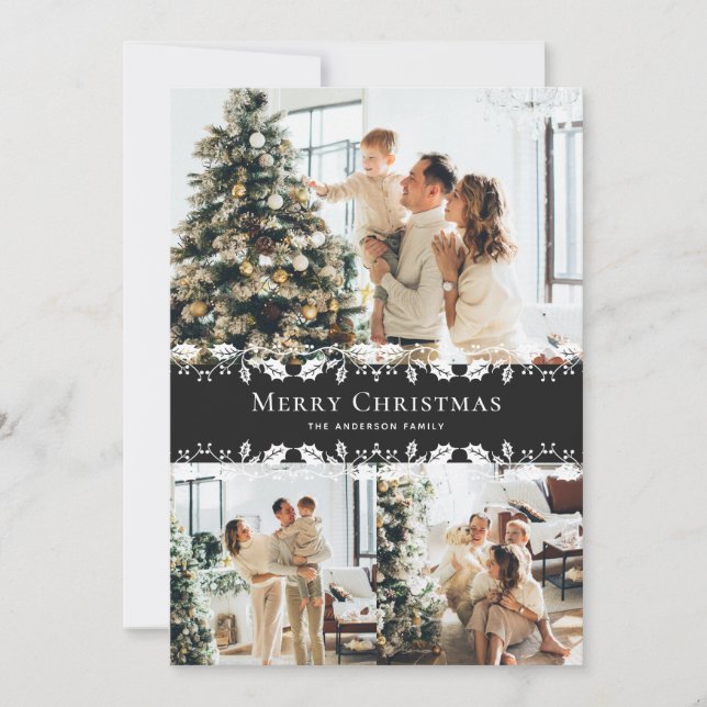Modern Black White Photo Collage Merry Christmas Holiday Card (Front)