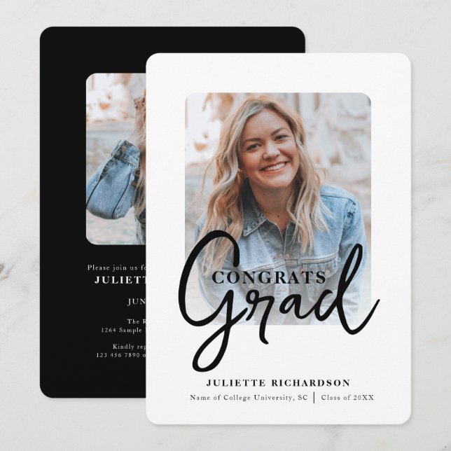 Modern Black White Photo College Graduation Party Invitation (Front/Back)