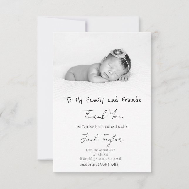 Modern Black White Photo Handwriting Baby Birth   Thank You Card (Front)