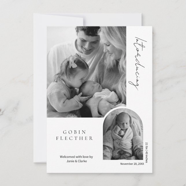 Modern Black & White Photo Inset  Birth  Announcement (Front)