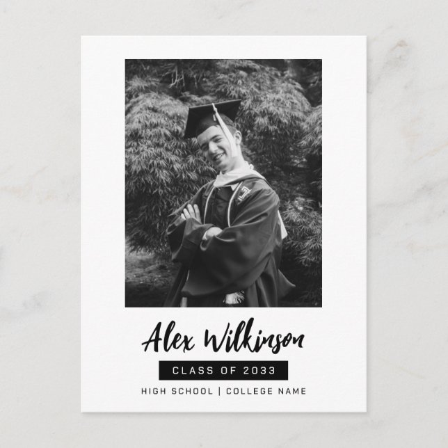 Modern Black White Photo Minimalist Graduation Invitation Postcard (Front)