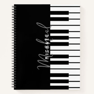 Modern Black & White Piano Keyboard Monogram Name Notebook