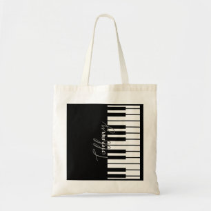 Modern Black & White Piano Keyboard Monogram Name Tote Bag