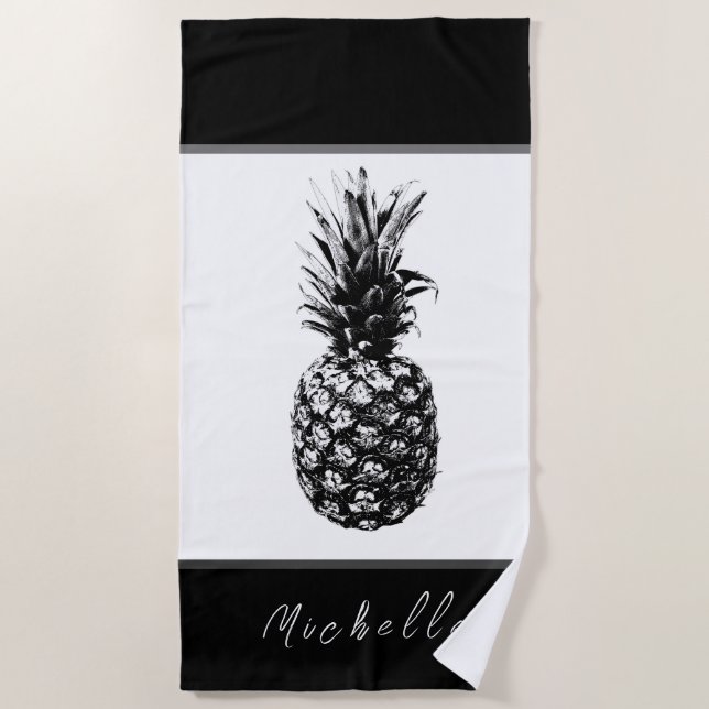 Modern black white Pineapple | Custom Beach Towel (Front)