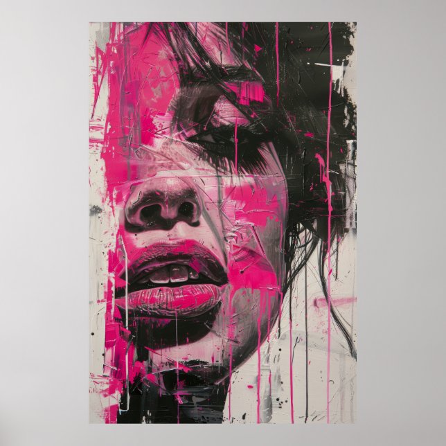 Modern Black White Pink Abstract Woman Painting Po Poster (Front)
