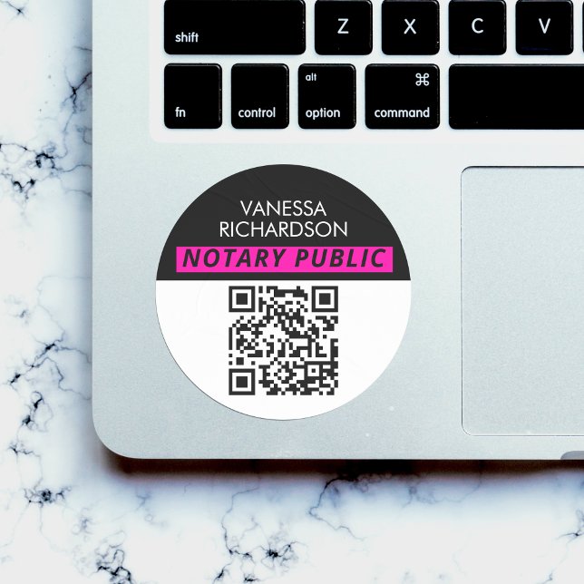 Modern Black White Pink Minimal QR Code Notary  Classic Round Sticker (Creator Uploaded)