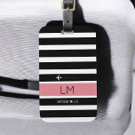 modern black white & pink stripes with name travel luggage tag<br><div class="desc">Travel baggage identifier...  personalised with name and initials on a striped background (black,  white and pink horizontal stripes)</div>