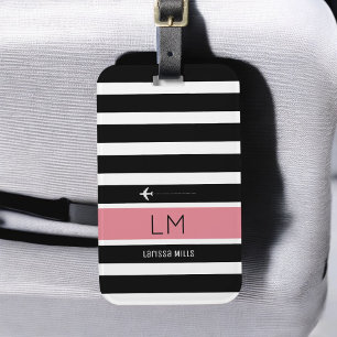 modern black white & pink stripes with name travel luggage tag