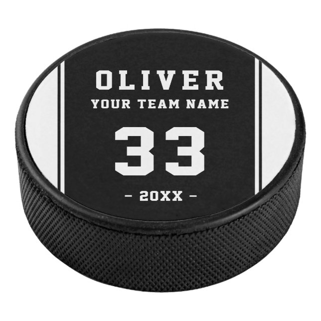 Modern Black White Player Name Number Team  Hockey Puck (3/4)
