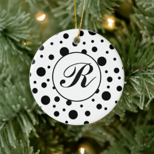 Modern Black White Polka Dot Monogram Ceramic Tree Decoration