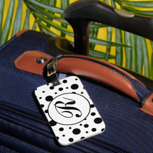 Modern Black White Polka Dot Monogram Luggage Tag