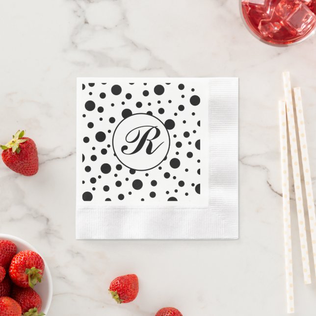 Modern Black White Polka Dot Monogram Napkin (Insitu)