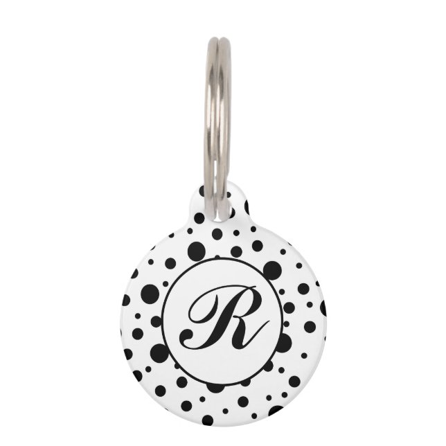 Modern Black White Polka Dot Monogram Pet Tag (Front)