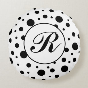 Modern Black White Polka Dot Monogram Round Cushion