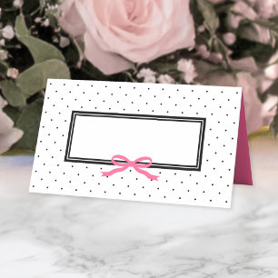 Modern Black White Polka Dot with Pink Ribbon Place Card