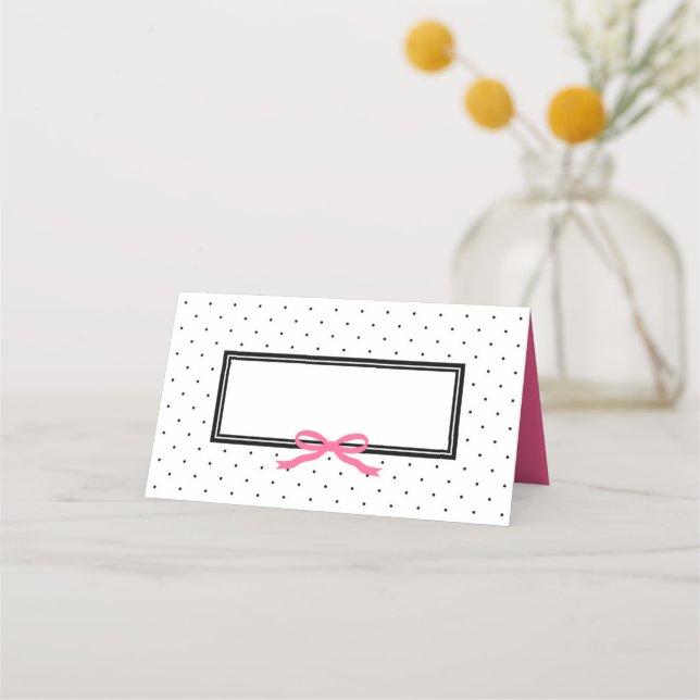 Modern Black White Polka Dot with Pink Ribbon Place Card (Front)