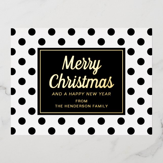 Modern Black White Polka Dots Merry Christmas Gold Foil Holiday Postcard (Front)
