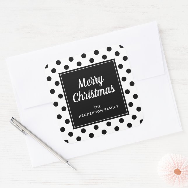 Modern Black White Polka Dots Merry Christmas Square Sticker (Envelope)