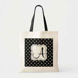 Modern black white polka dots monogrammed tote bag