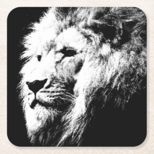 Modern Black & White Pop Art Lion Head Template Square Paper Coaster