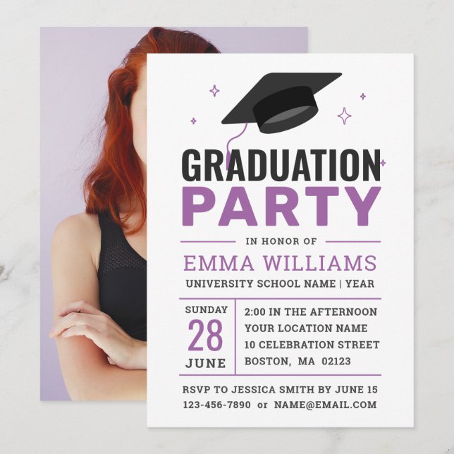 Modern Black White Purple | Photo Graduation Party Invitation (Front/Back)