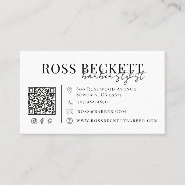 Modern Black White QR Code Barber  Business Card (Front)