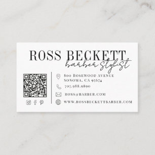 Modern Black White QR Code Barber Stylist Business Card