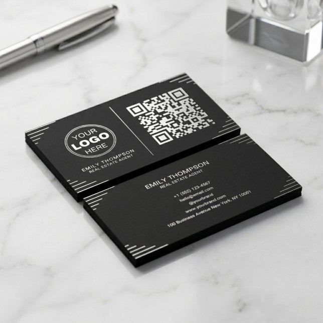 Modern Black & White QR Code | Luxury Art Deco Business Card (Instant Connection: Luxury QR Code Business Cards for Modern Realtors)