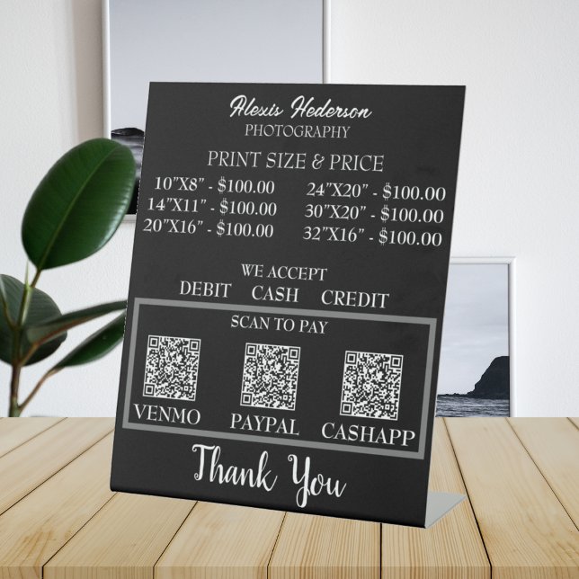 Modern Black & White QR Code Print Size & Price Pedestal Sign (Creator Uploaded)