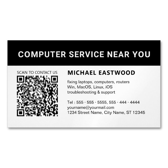 Modern Black White QR Code Professional Magnetic Business Card (Front)