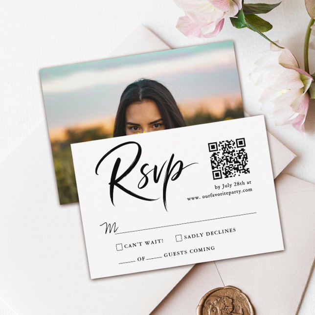 Modern Black White QR Code Reply Quince Script RSVP Card (Creator Uploaded)