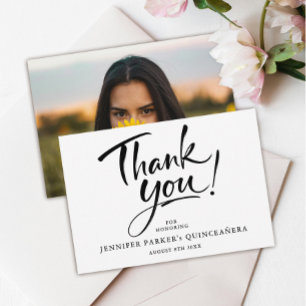 Modern Black White Quinceañera Photo Thank You Card