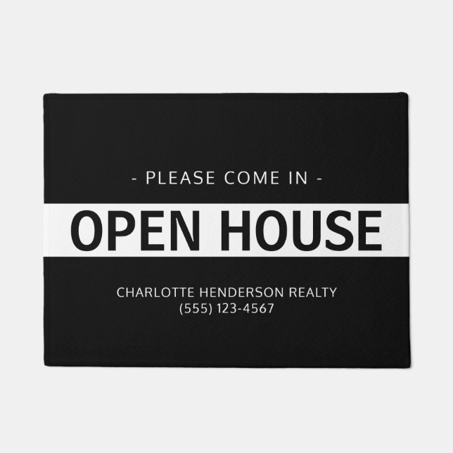 Modern Black White Real Estate Open House Doormat (Front)